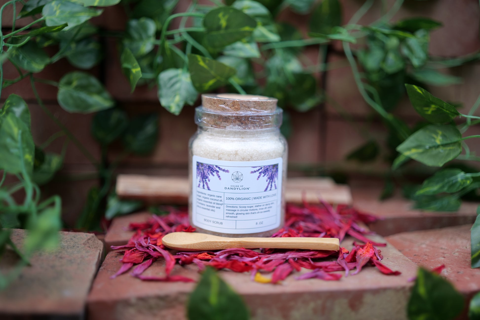 house of dandylion sugar scrub on display in a glass jar with a wooden spoon