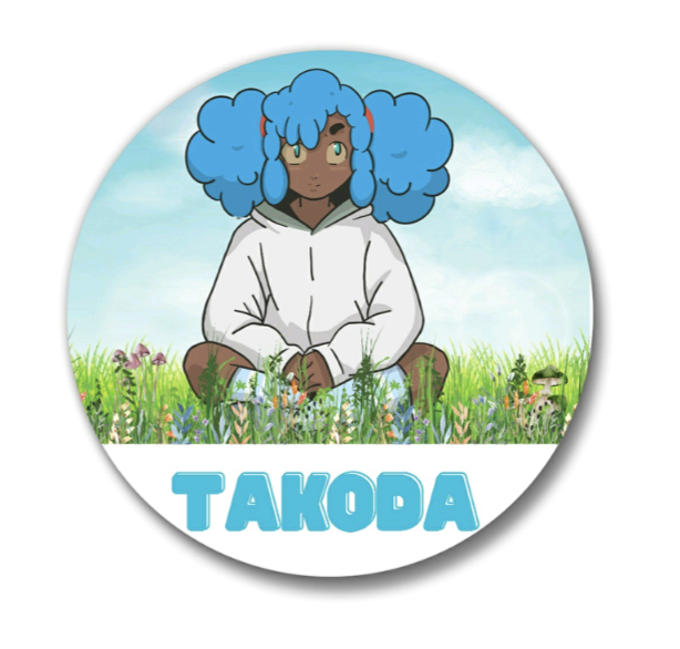 Takoda, blue haired brown skinned girl, sitting on grass with flowers. With her name in print underneath