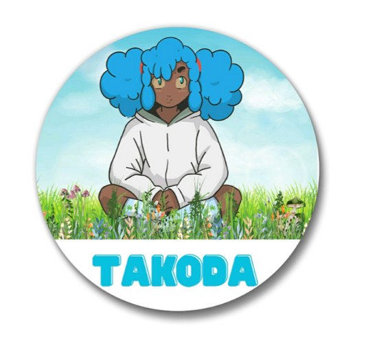 Takoda, blue haired brown skinned girl, sitting on grass with flowers. With her name in print underneath