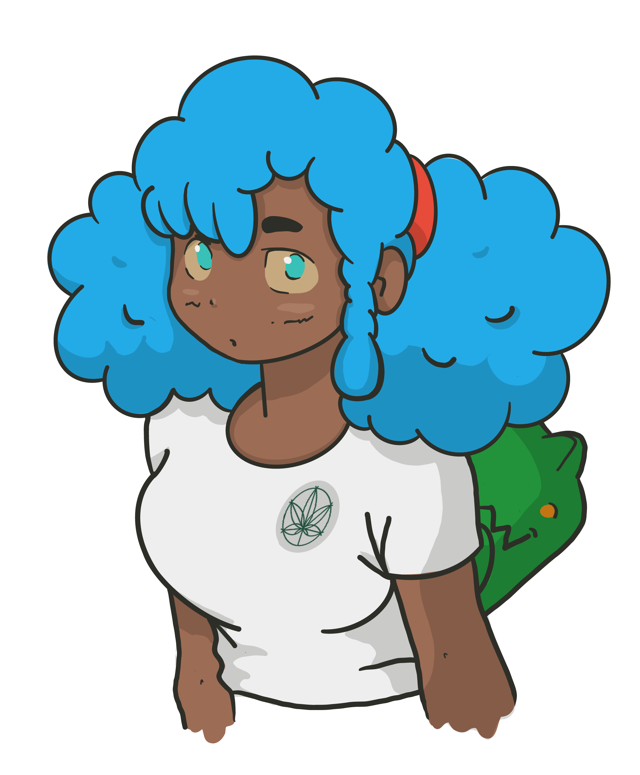 Takoda and Winston- Takoda with blue hair and a white t-shirt with a logo, holding Winston.