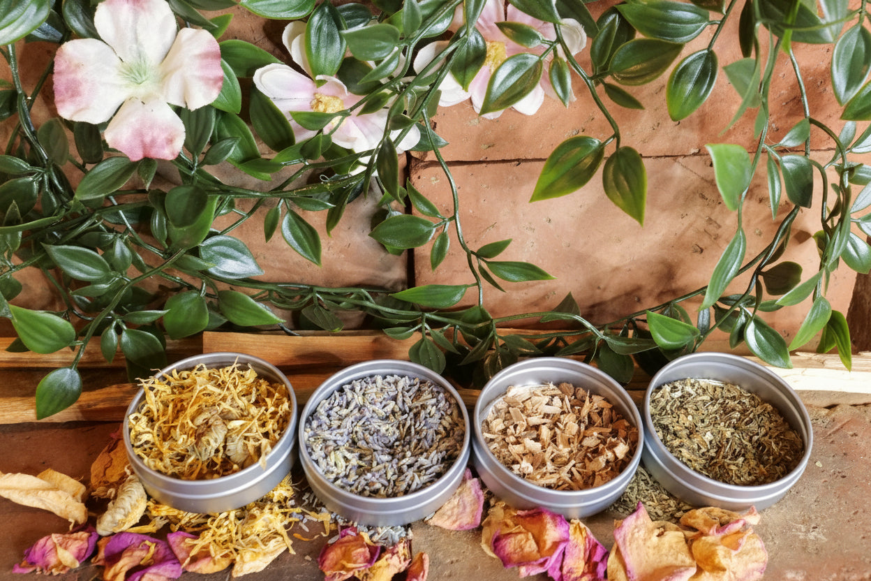 Four metal containers with dried herbs and flowers on a wooden surface with green leaves and pink flowers in the background.