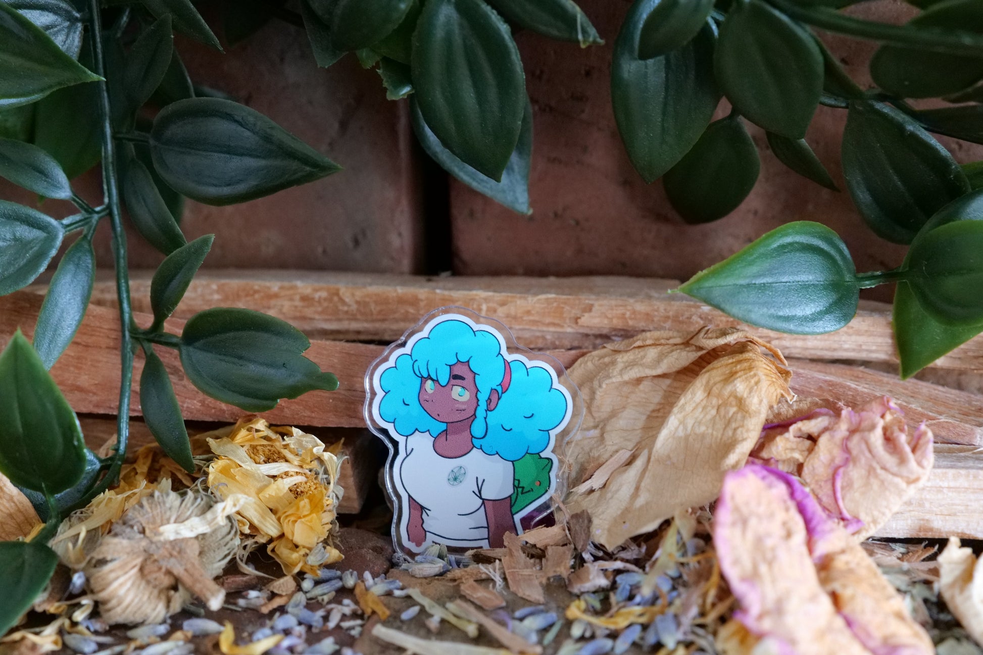 Takoda and winston on a wooden surface with dried plants and flowers.