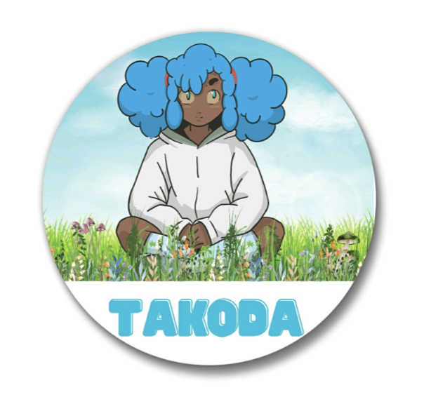 Takoda, blue haired brown skinned girl, sitting on grass with flowers. With her name in print underneath 