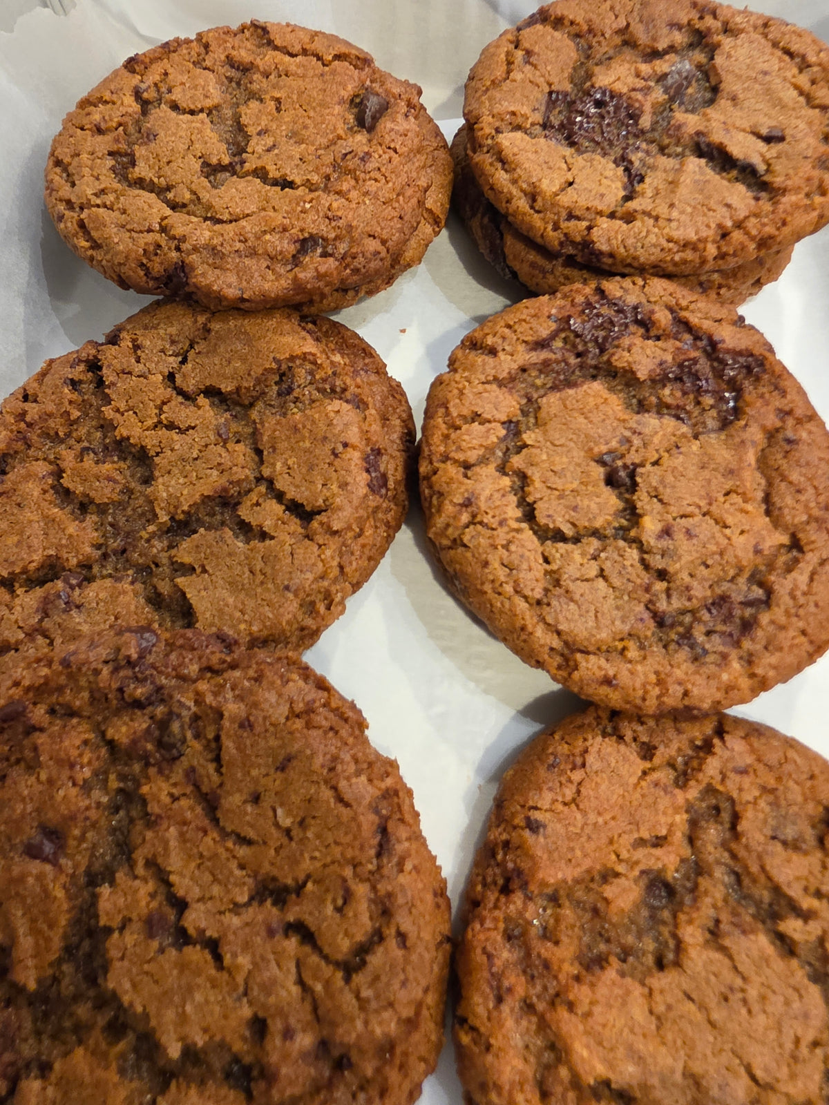 Six freshly baked chocolate chip cookies arranged on a white surface, showing a golden-brown crumb with dark chocolate pieces embedded throughout.