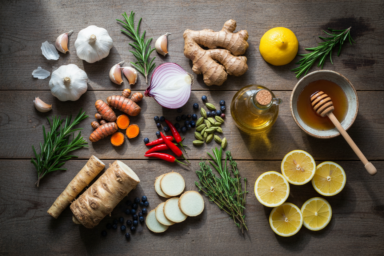  Organic garlic, turmeric, ginger, red onion, rosemary, thyme, cayenne pepper, cardamom, juniper berries, horseradish, lemon, apple cider vinegar, and honey