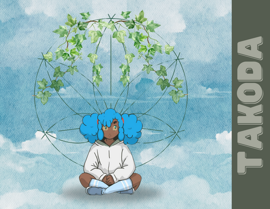 Takoda sitting in front of geometric hemp leaf with ivy with sky background 